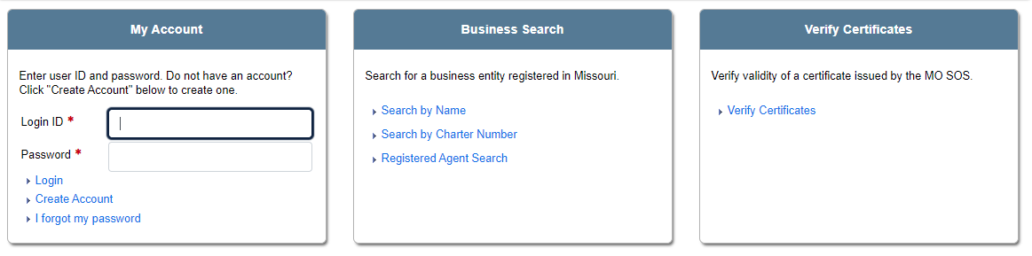 Corporations log in screen Corporations log in screen