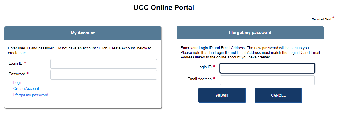 UCC log in screen UCC log in screen
