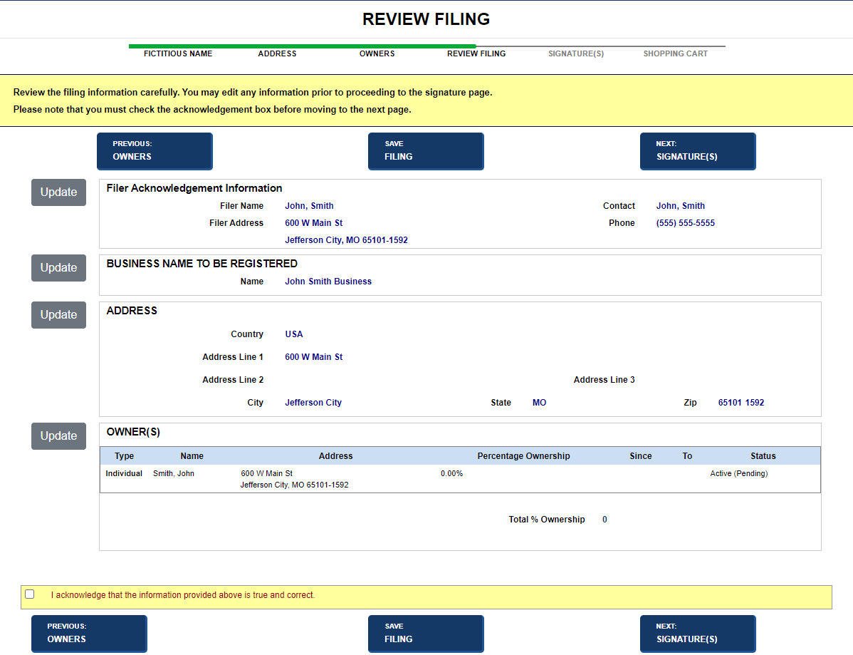 Review filing screen