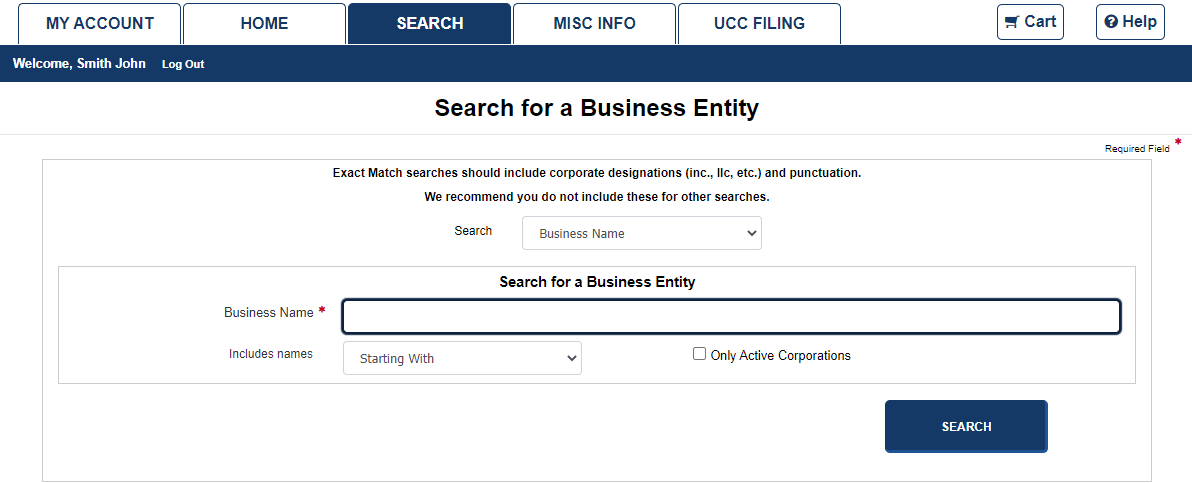 Searching for a business entity