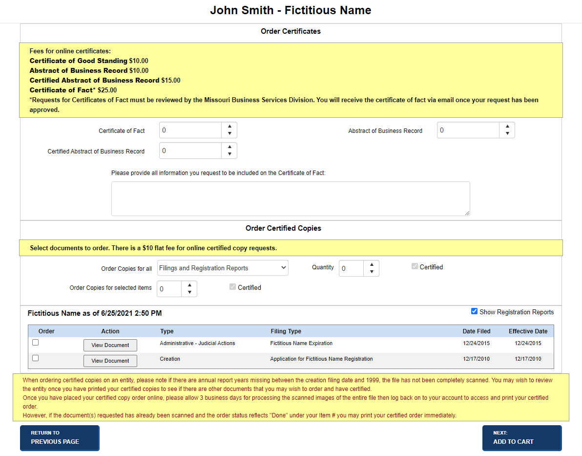 Order certificates screen