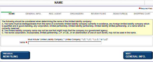 Name screen displays for an LLC filing Name screen displays for an LLC filing