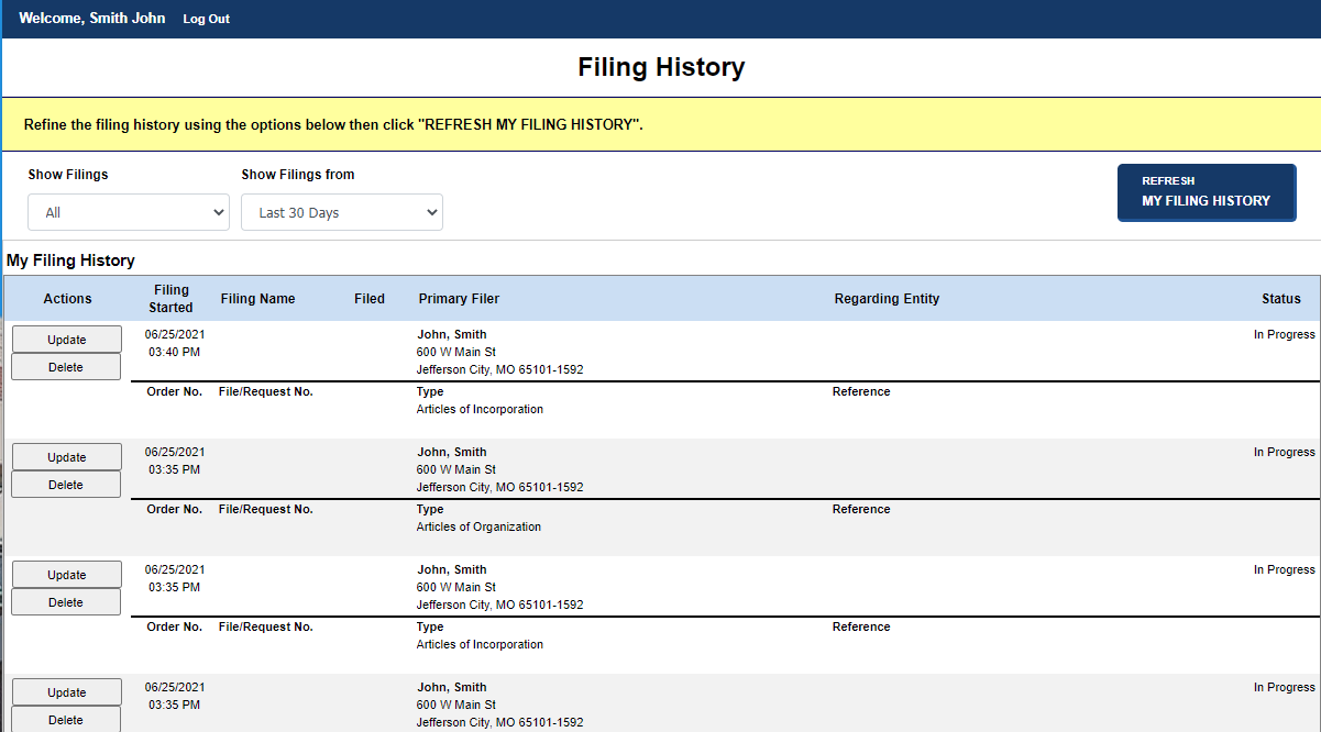 In progress filings