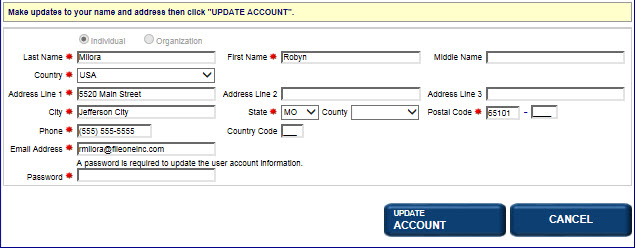 Update account screen