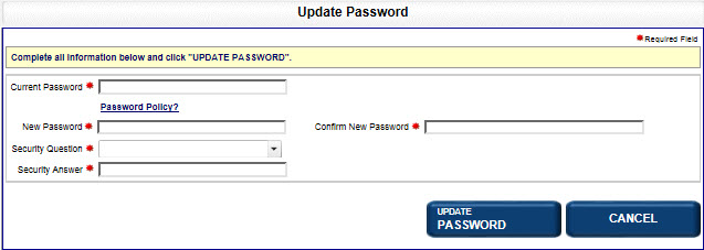 Update password screen Update password screen