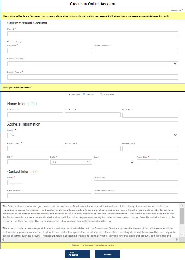 Create an online account screen