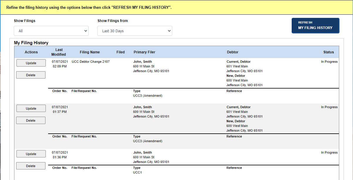 Filing history screen Filing history screen