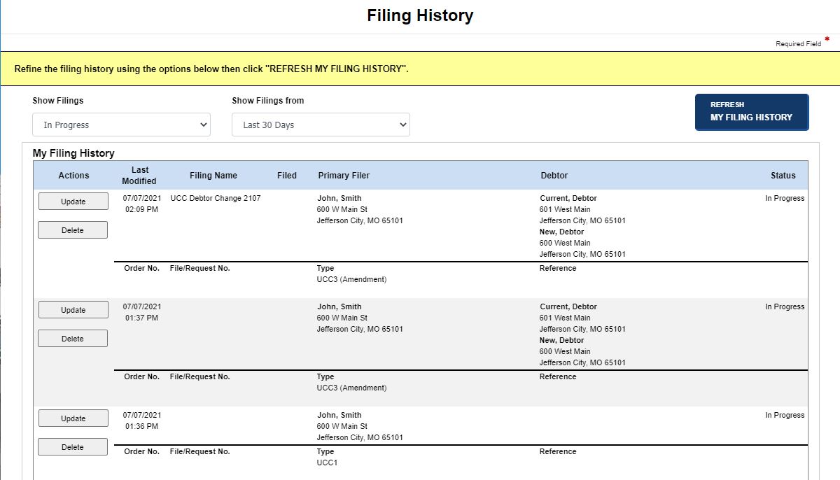 In progress filings screen