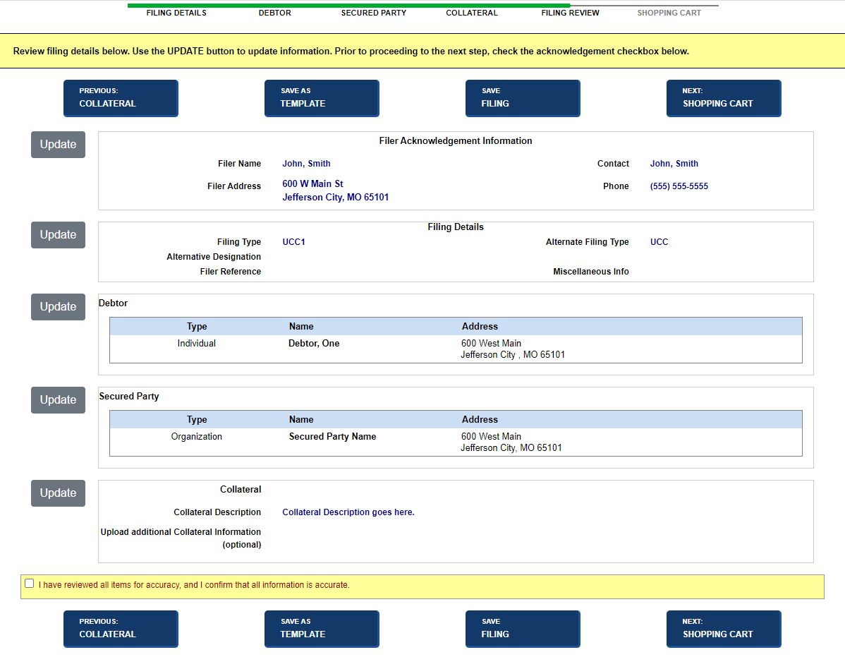 Filing review screen