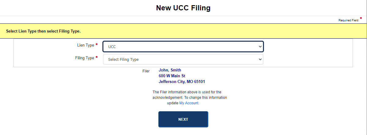 New liens filing screen