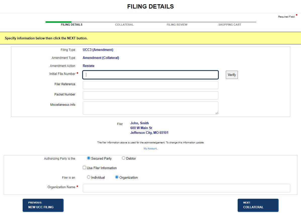 Filing details for an amendment filing