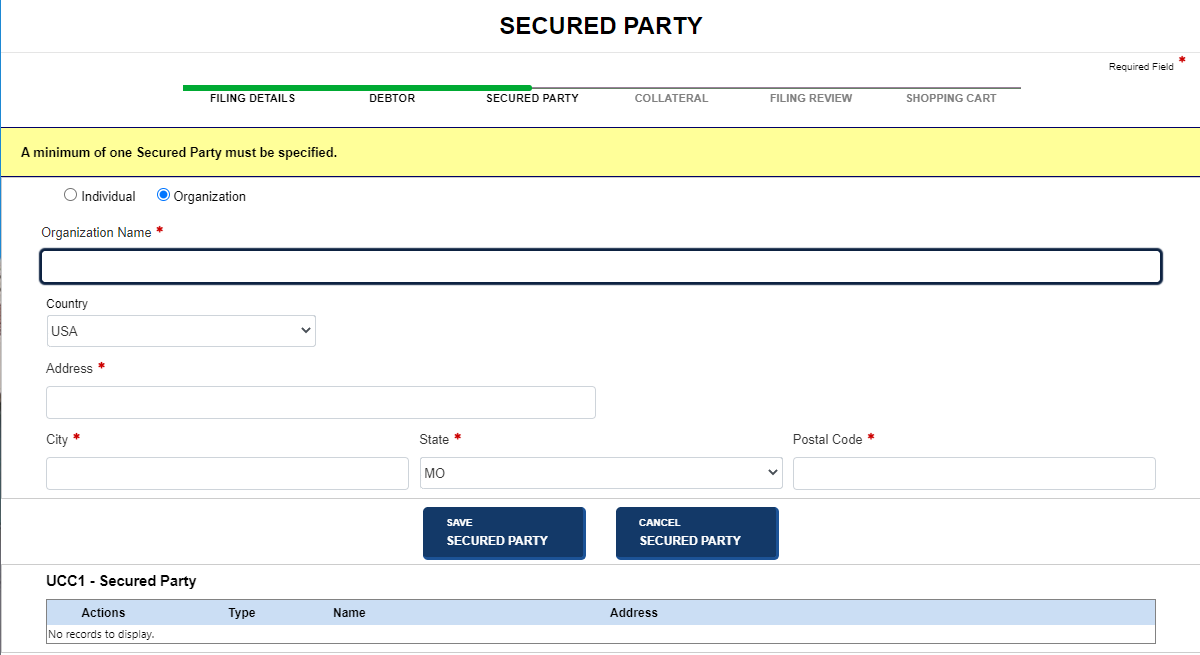 Secured party screen