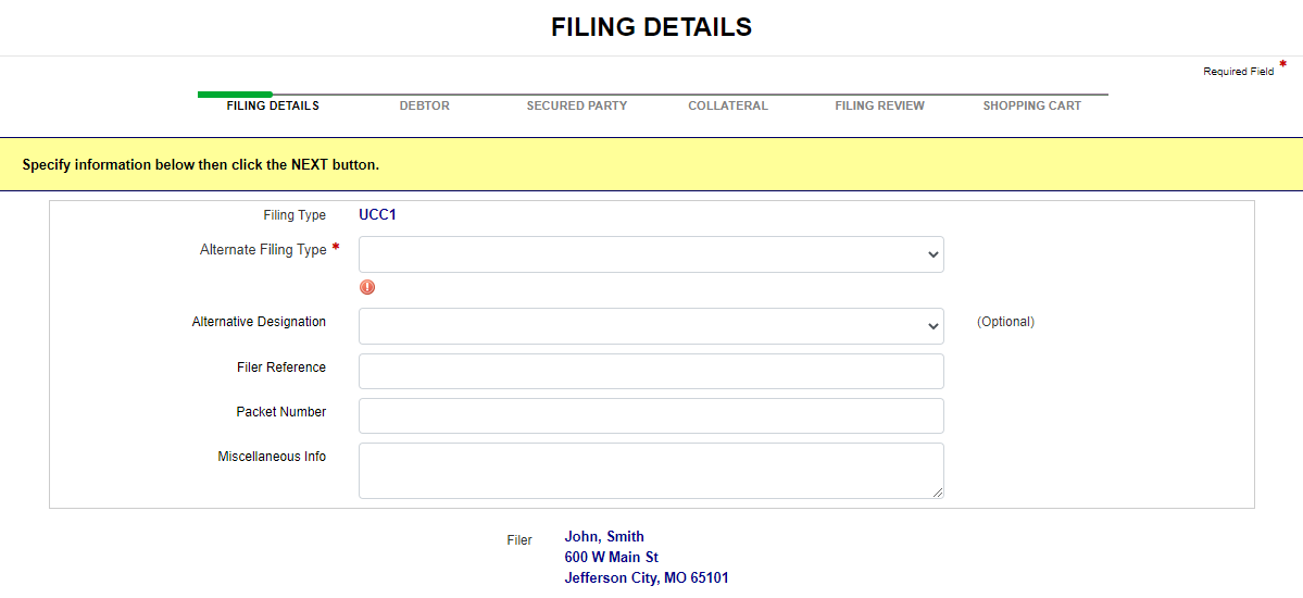 Filing details screen for UCC1 filing