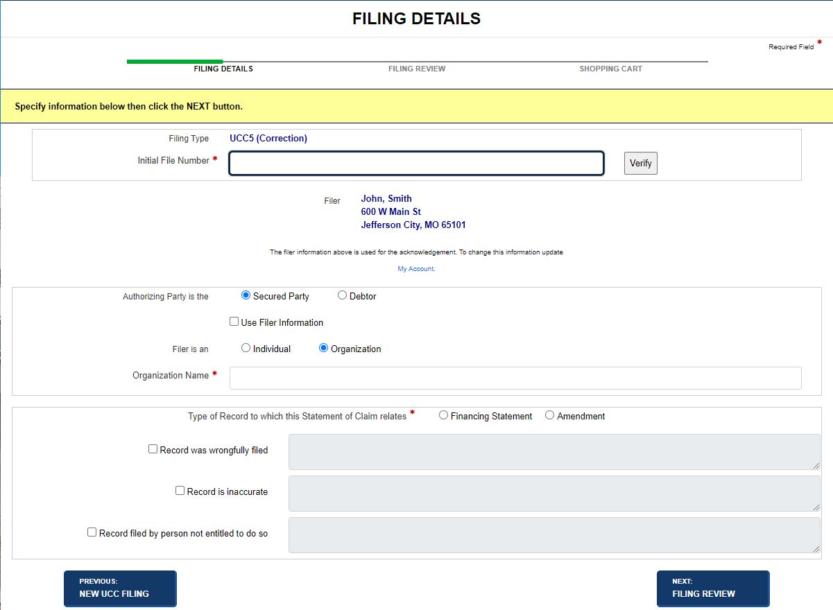 Filing details screen for a correction filing