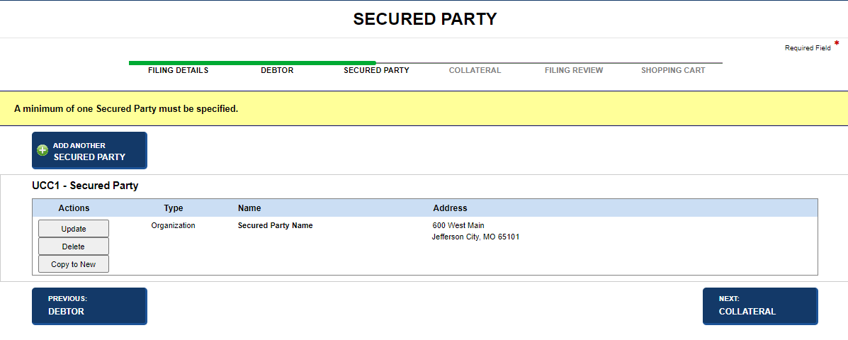 Secured party details table
