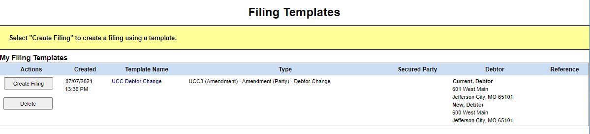 My filing templates screen