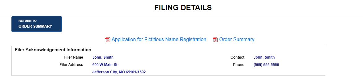 Filing details screen