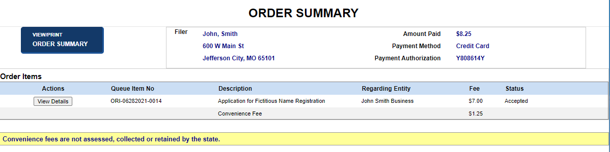 Order summary screen