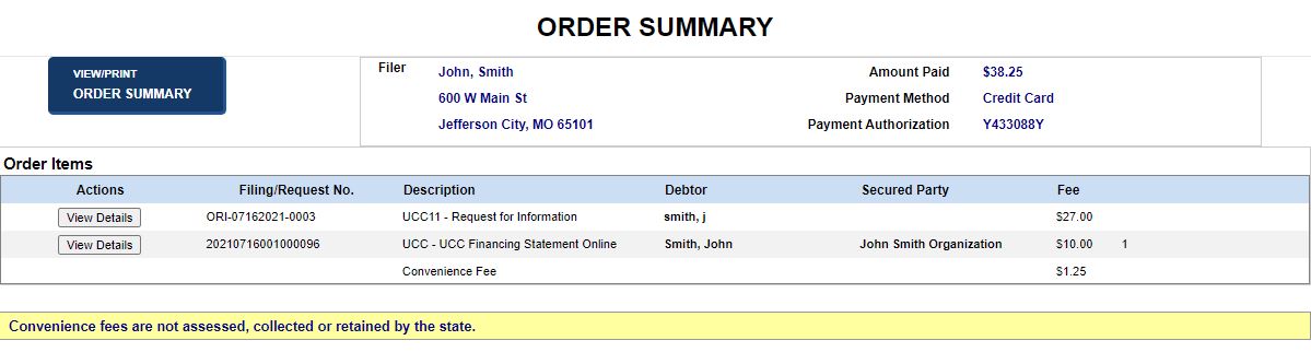 Order summary screen